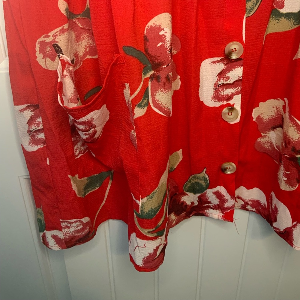 Belongsci Floral Print Red Half Sleeve Button Down V-Neck Dress - Picture 5 of 6